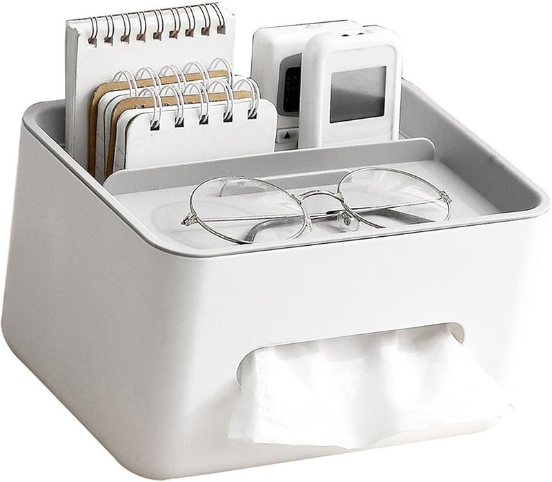 غطاء صندوق المناديل متعدد الوظائف مع حامل جهاز التحكم عن بعد قاعدة بيضاء غطاء رمادي لغرفة المعيشة والمكتب - Image 5